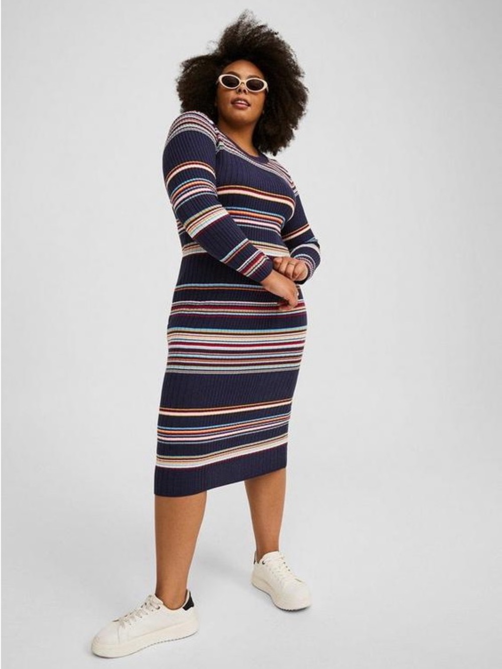 Torrid 1X Crew Neck Long Sleeves Striped Ribbed Midi Sweater Dress Navy Blue
